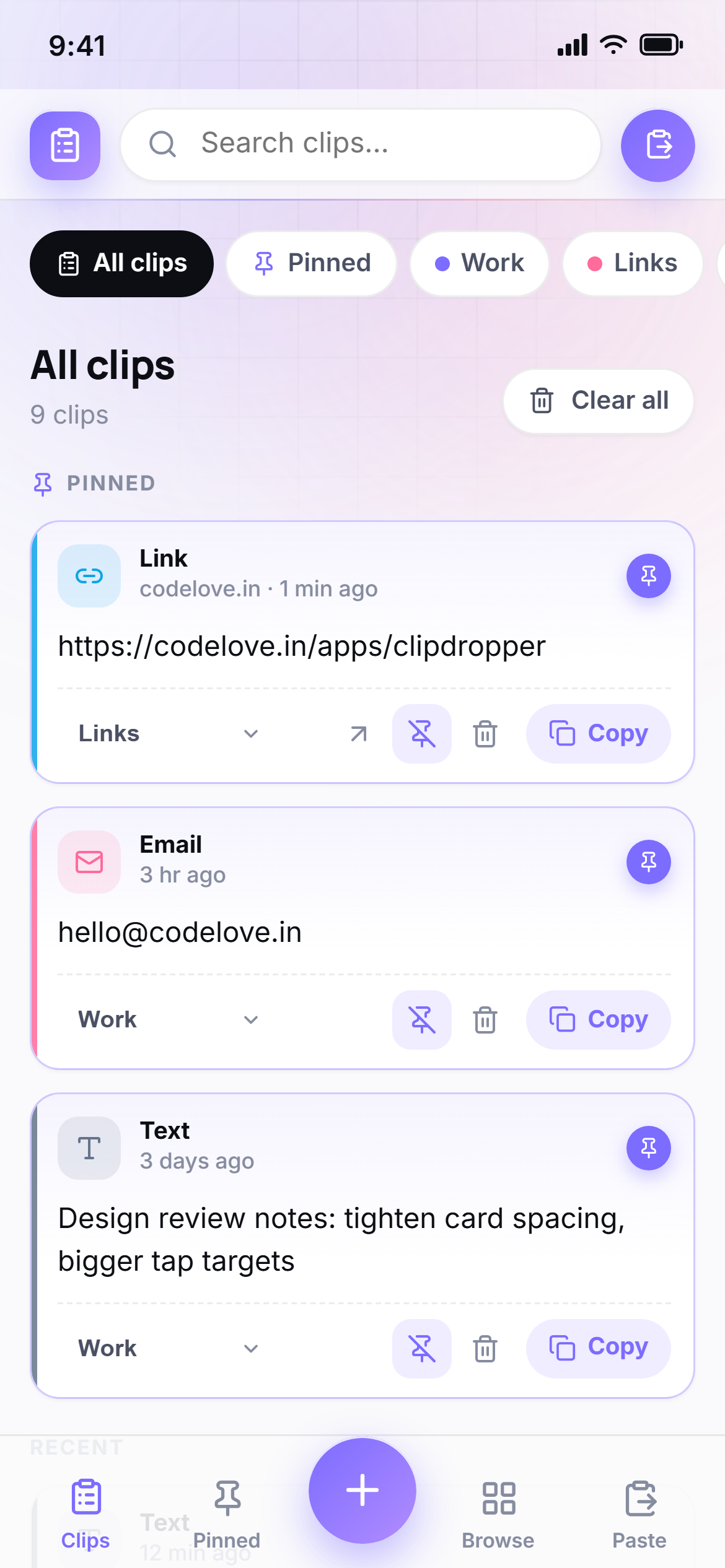 ClipDropper screenshot — All clips
