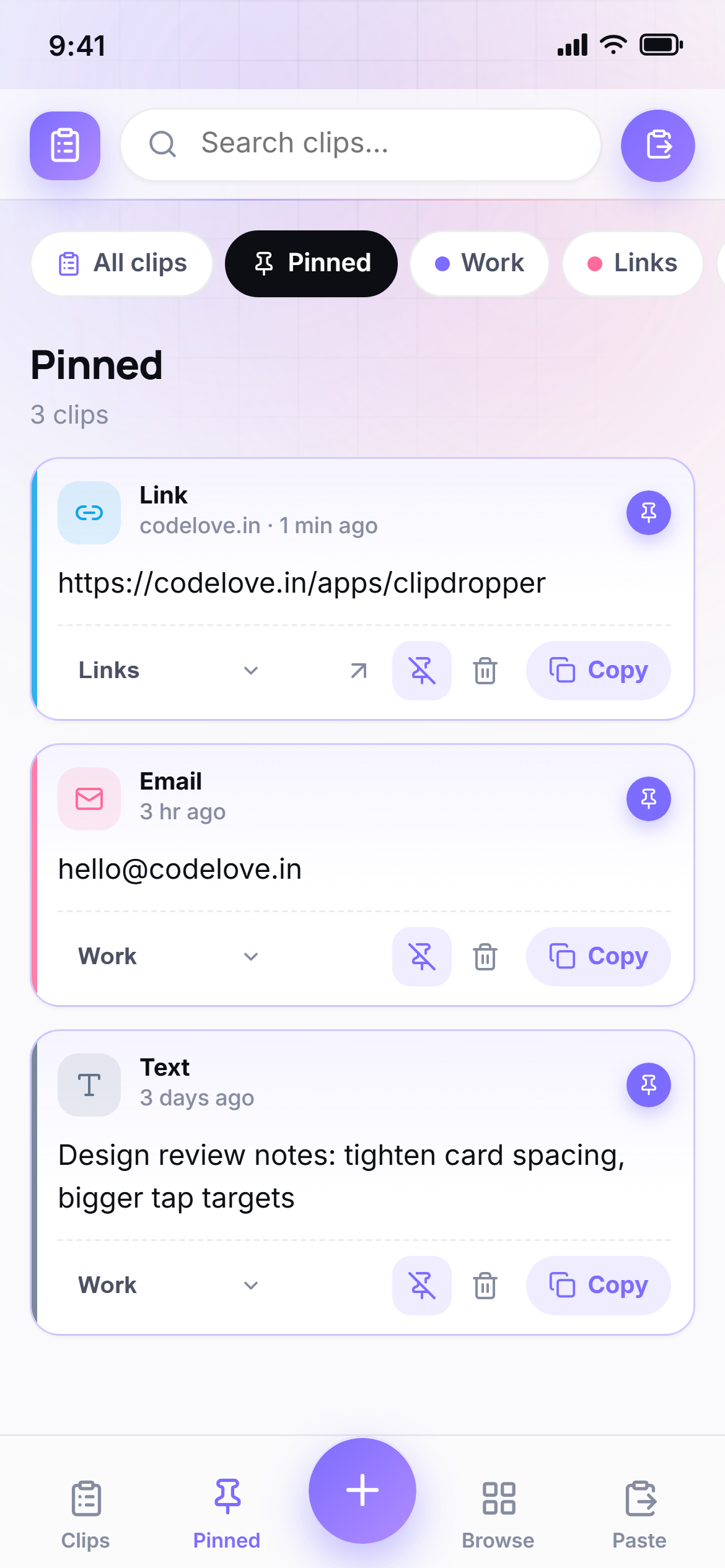 ClipDropper screenshot — Pinned